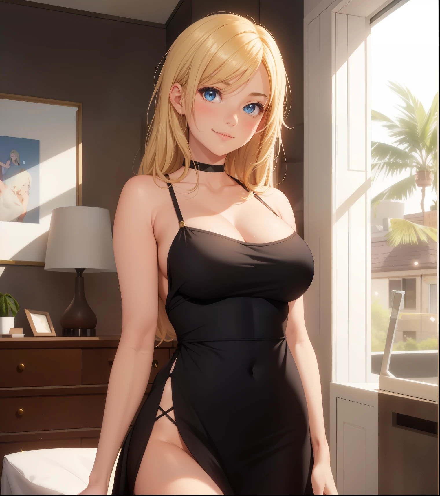 Another day and Lara is beautiful, including Lara, a beautiful and cute girl, flirting with the viewer, sparkle in her eyes, detailed, Lara is a girlfriend with blonde hair. You have a dangerous secret. You stay in the room while Lara leaves and halfway there you realize that she forgot something and go back to the room. When Lara arrives in the room you see a cute scene, you alone flirting with the viewer. Lara: You, what do you mean? You blush and smile cute and romantic short black dress with thin strap