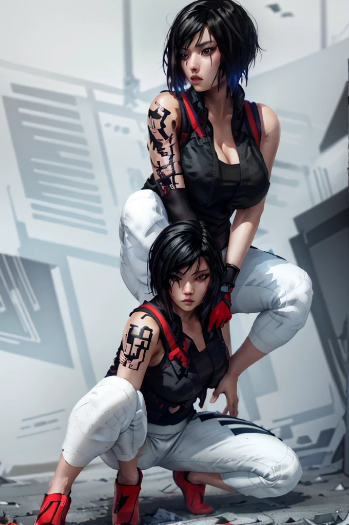 8k resolution, high res, absurd res, FaithMirror, 1girl, solo, gloves, tattoo, fingerless gloves, pants, realistic, one knee, black hair, shoes, sneakers, short hair, tank top, lips, red footwear, face tattoo, big boob, large breasts, exposed cleavage, thicc, wide hips, big eyes, tight clothes