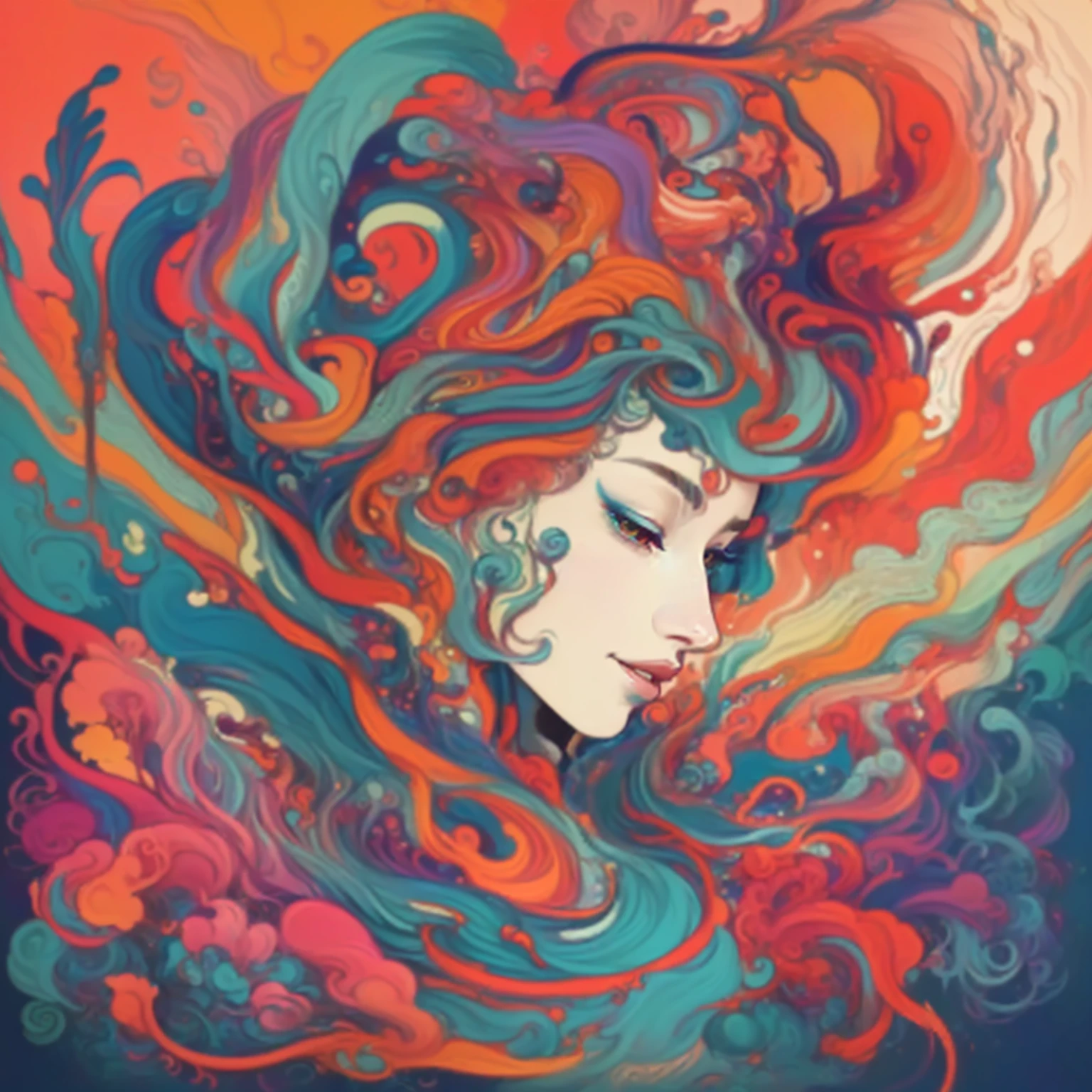 Close-up of a woman with colorful hair and colorful background, Psychedelic flowing hair, Psychedelic illustration, Just a joke, Color illustrations, Inspired by James Jean, Whimsical and psychedelic, psychedelic artwork, James Jean Artwork, Psychedelic Fever Dream, psychedelic hair, psychedelics, James Jean and Peter Mauer, james gien style, Defeat Nge! cmyk color palette