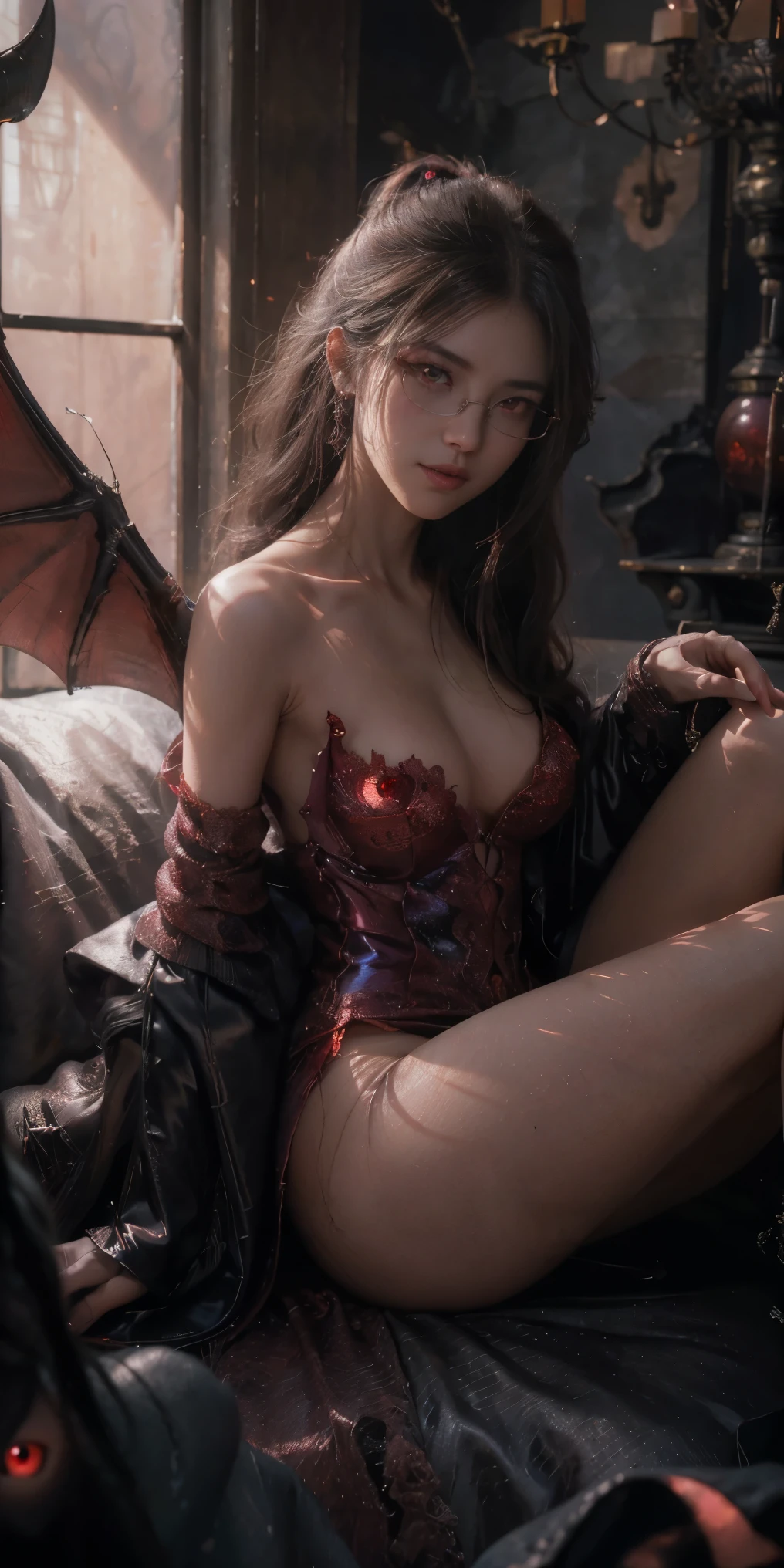 (The best illustrations)、realisitic、ultra-detailliert、The best lighting、Best Shadows、alluring succubus, ethereal beauty, perched on a cloud, (fantasy illustration:1.3), enchanting gaze, captivating pose, delicate wings, otherworldly charm, mystical sky, (Luis Royo:1.2), (Yoshitaka Amano:1.1), Dungeon and Dragon、caves、Dungeon、 A Necromancer、natta、Dark style、Succubus、Devil's Daughter、Bat Wings，(((Demon Hornlack-rimmed round glasses))))、(red eyes glowing:1.6)、​beautiful countenance、Tindall Effect、(High Detail Skins:1.2) absurderes、Ponytail distortion、jewely、Beautiful expression、Toned waist、Wide buttocks、Tindall Effectmasuter piece、top-quality、Highest Standards、Top image quality、masutepiece、intricate detailes、High resolution、Depth Field、natural soft light、profetional lighting、Great smile、(High Detail Skin: 1.2)、photorealistic anime girl render、Strong highlights of the eyes、Perfect Anatomy、crotch open、Shy、Spreading your legs、Panties are visible、Skirt flipping、Body shiny with oilerectile nipple))、8K resolution、intricate clothing、Intricate details、Panties visible through the skirt、Panties in full view、Small panties, pink nipple, pink pussy