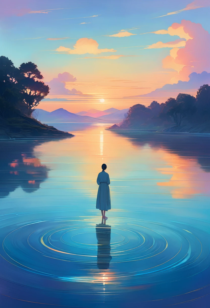 floating, serene water, gentle ripples, clear reflection, peaceful atmosphere, soft sunlight, tranquility, weightless, calm, dreamlike, ethereal, surreal, minimalistic, abstract, vibrant colors, subtle gradients, smooth blending, delicate details, masterful brushstrokes, impressionistic, serene landscapes, poetic, harmonious composition, serene figure, contemplative, boundless horizon, limitless possibilities, transcendent, infinite .