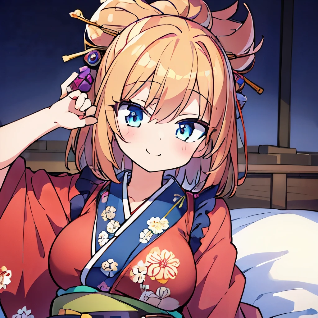 ((masterpiece)), ((best quality)), (ultra-detailed), anime style, on the bed, a cute girl, 1girl, solo, kimono, japanese cloth, ((beautiful eyes)), smile, 