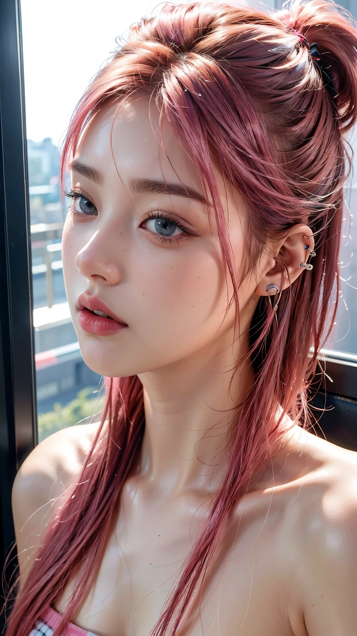 highest quality, masterpiece, Ultra-high resolution, (Realistic:1.4), (Close-up portrait) RAW Photos, 1 girl,20-year-old,((Inside the Shinkansen)),((Wireless Earphones)),((Nose Piercing)),,((Passionate pink haired gal's make-up)),((High Fashion)),Messy Hair,((Cap Chestnut)),((Bangs short)),Realistic,Picture Media Chest)),((Smiling with teeth showing)),((Big smile))