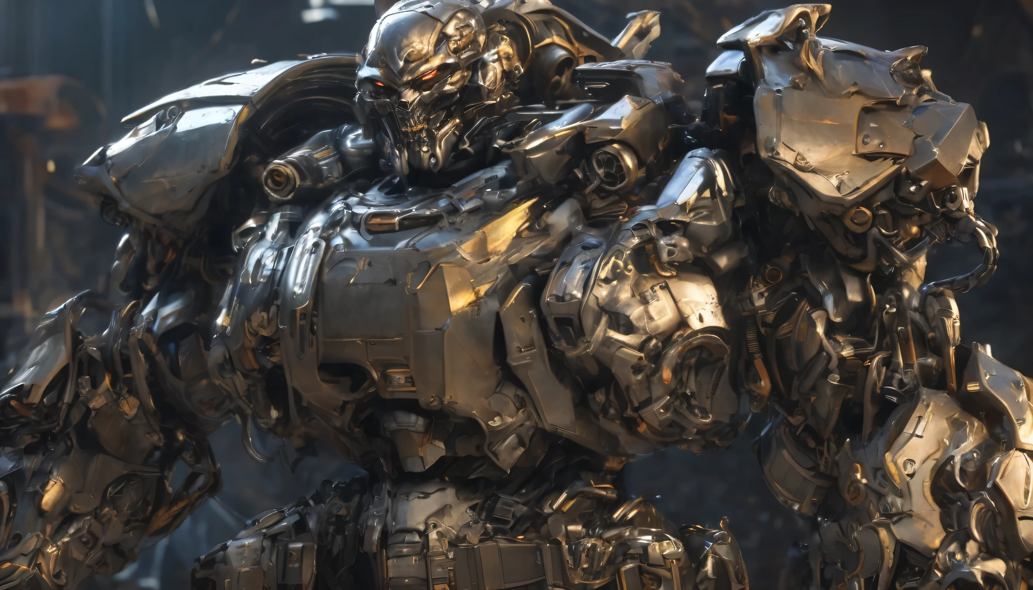 (masterpiece), (best quality), (super-detailed), (Ultra-High-Definition, Sony a1 mirrorless f/1.8 photographic, full body shot, of a futuristic, space pirate wearing an intricately designed advanced mecha suit), (mecha pirate:1.2 warrior), with (dual laser:1.3 cutlasses:1.2), (complex, super-detailed black, silver, and blue armor, jolly roger emblem on his metal tricorn), (evil robot buccaneer:1.2), (standing straight:1.52), (legs slightly bent:1.3), (holding his swords out to his sides:1.51), (in the cargo hold of a frigate style starship:1.4), epic mecha artwork in the signature style of Jim Lee from Marvel, Image, and DC comics, (ray tracing), (rule of thirds), HDR, textured, cinematic lighting, over-the-shoulder shot, medium wide lense, full body shot, (facing the viewer), sci-fi concept art, Unreal Engine 5, Blender