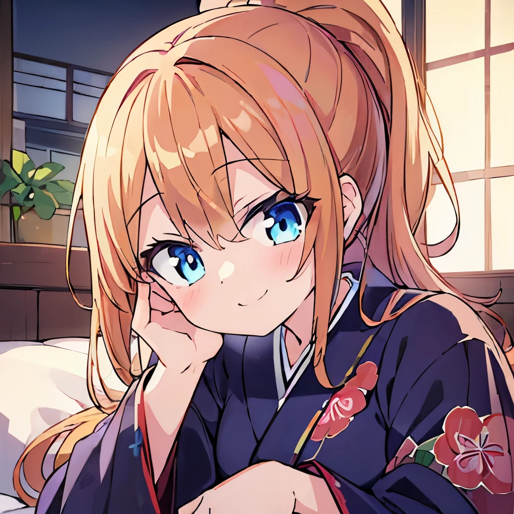 ((masterpiece)), ((best quality)), (ultra-detailed), anime style, on the bed, a cute girl, 1girl, solo, kimono, japanese cloth, ((beautiful eyes)), smile,