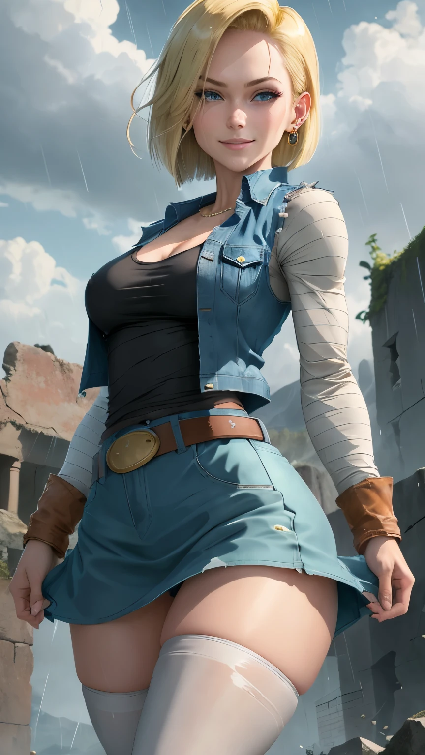 best quality, highres, and18, 1girl, android 18, solo girl, 1girl, blonde hair, blue eyes, belt, boots, tight blue demin skirt, gold_necklace, black shirt, short hair, long striped sleeves, earrings, open vest, denim vest, medium breasts, cowboy shot, mountains, straight-on, (weather: raining and windy), wet body, sexy smile, combat stance, full length pantyhose, battle ruins, wide hips, thick legs, torn clothes, closed fists, upskirt, ((from below))