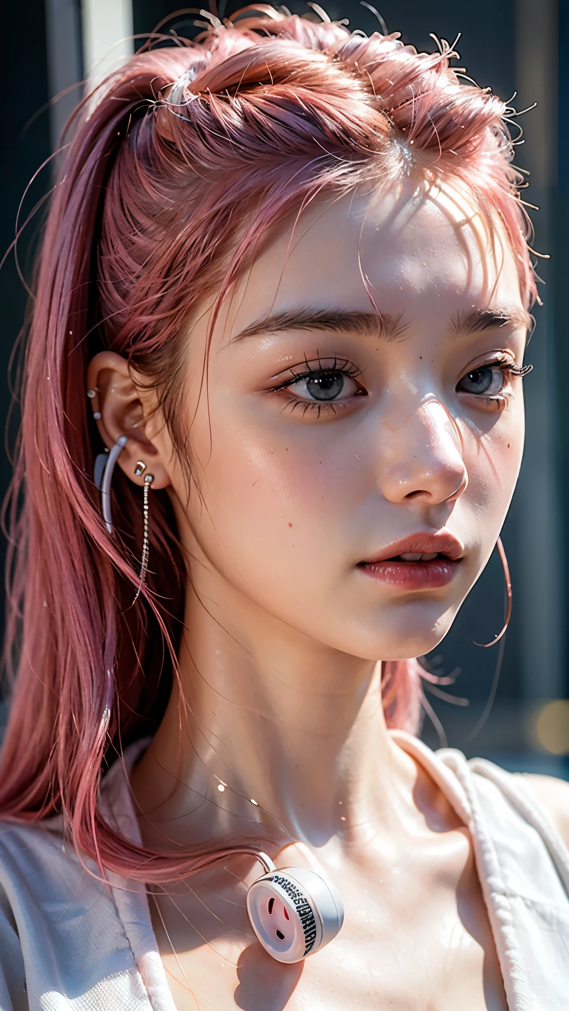 highest quality, masterpiece, Ultra-high resolution, (Realistic:1.4), (Close-up portrait) RAW Photos, 1 girl,20-year-old,((Inside the Shinkansen)),((Wireless Earphones)),((Nose Piercing)),,((Passionate pink haired gal's make-up)),((High Fashion)),Messy Hair,((Cap Chestnut)),((Bangs short)),Realistic,Picture Media Chest)),((Smiling with teeth showing)),((Big smile))
