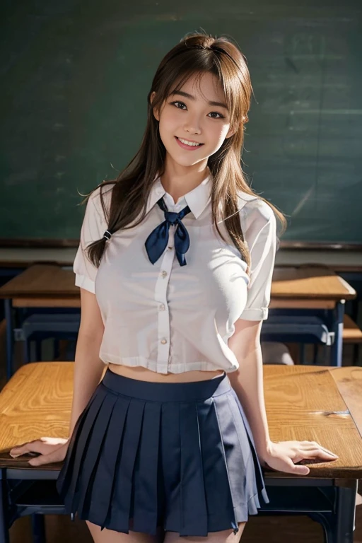 ((Beautiful Japanese Girls:1.3)) ((School uniform:1.4)) ((Panty shot:1.5)) ((high school)),((Dark Blue Skirt:1.3)) ((In the classroom:1.3)) ((thin_fabric:1.4)) ((Random sexy poses:1.3)) ((Sweaty:1.5))((Blushing:1.4)) ((Big Breasts:1.4)) ((close:1.2)) highest quality,masterpiece,Ultra-high resolution,(Realistic:1.4),RAW Photos,(Real skin texture:1.3),(Film Grain:1.3),Panorama,Portraits,Very wide shot,Tight waist,Cowboy Shot,(In the Dark, Deep Shadow, Modest, Cold Light,) night,(()),Tears flow,,Dust,Tyndall effect,(Performance),One girl,Beautiful and detailed eyes and face,White Jabot,Brown eyes,((Brown Hair:1.2)) ((whole body:1.3)) ((smile:1.3))