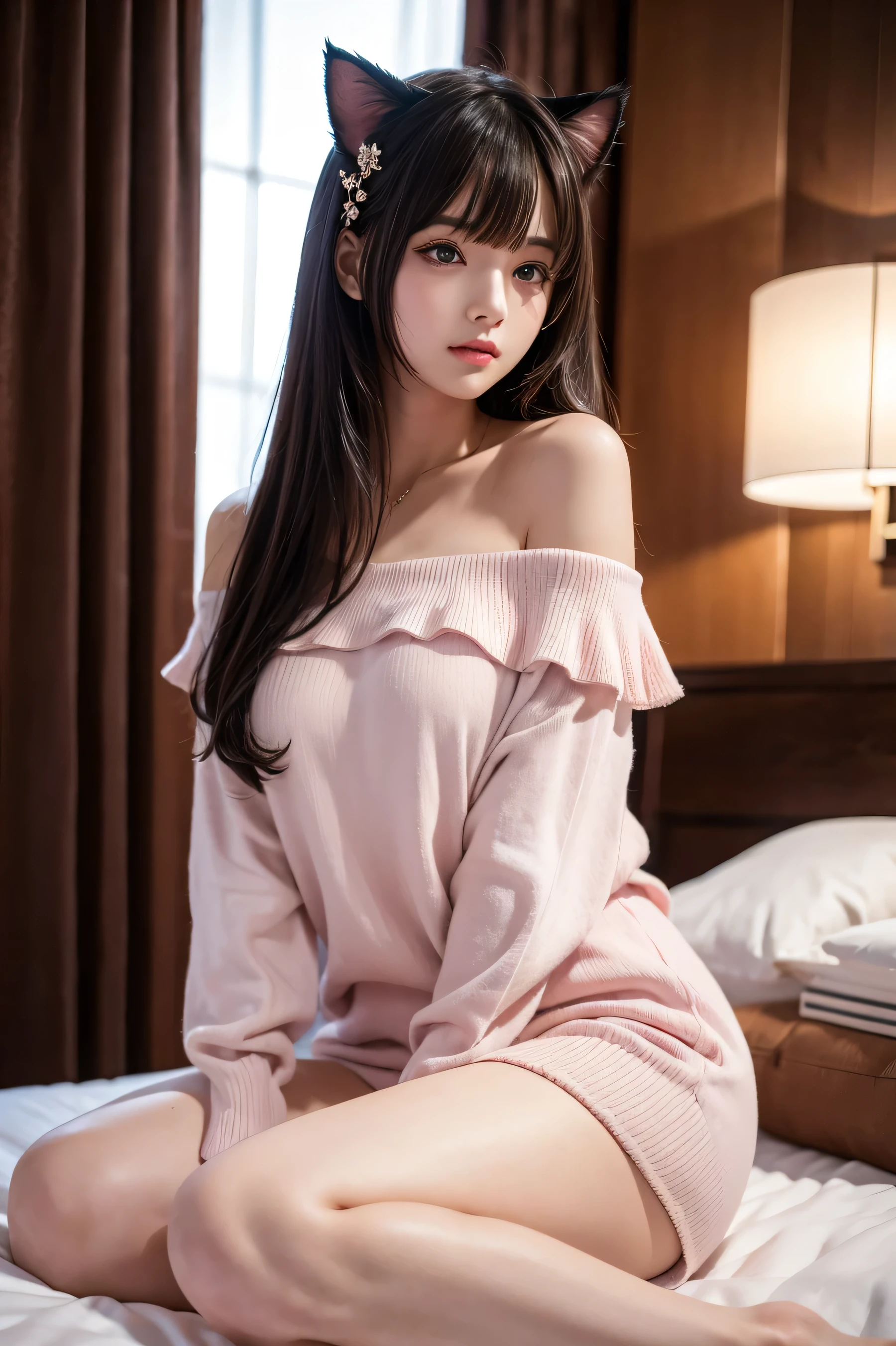 off shoulder dresasterpiece, best quality, high resolution, 1 girl, Super high resolution, alone, stockings, pink eyes, , long hair, Bangs， cat ear decoration,