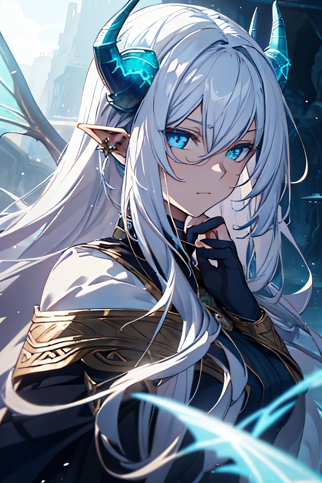 With white hair and Blue eyes,beautiful as a fairy,A melancholy expression that stirs affection,side face,floating hair,light particles,glare,vivid,fancy,dreamlike,a dim atomshpere, ((Dragon Girl)) ((Blue Horns)) ((Dark Fantasy)) ((Elden Ring))