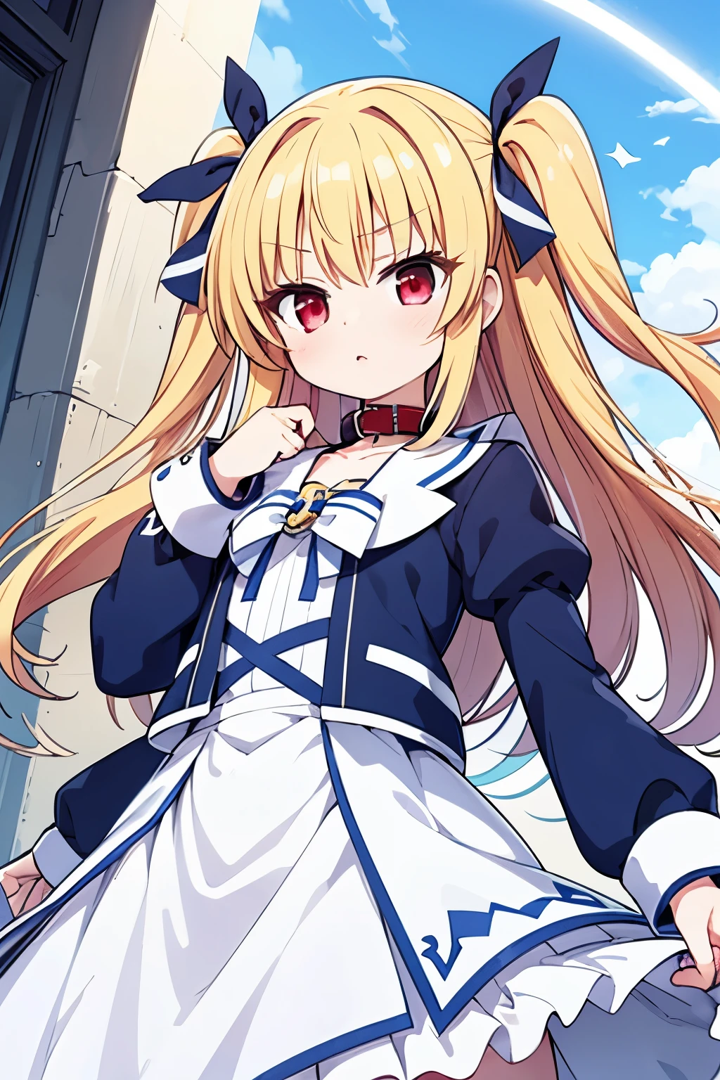 Ultra HD、3Dimage:1.5、Nanoha、solo、(highest quality:1.2),Highly detailed face, (Magical Girl Lyrical Fate Testarossa), One Girl、null、Long Hair, Red eyes, Blonde, Hair Ribbon, (Two Side Up), White ribbon hair fastening,Blake Magical Girl, Jacket, collar, Puffy sleeves, Long sleeve, 黒いJacket, Long Skirt、Highly detailed CG, whole、View from the front、solo、Best Photos, Soft Light,8Ｋimage、