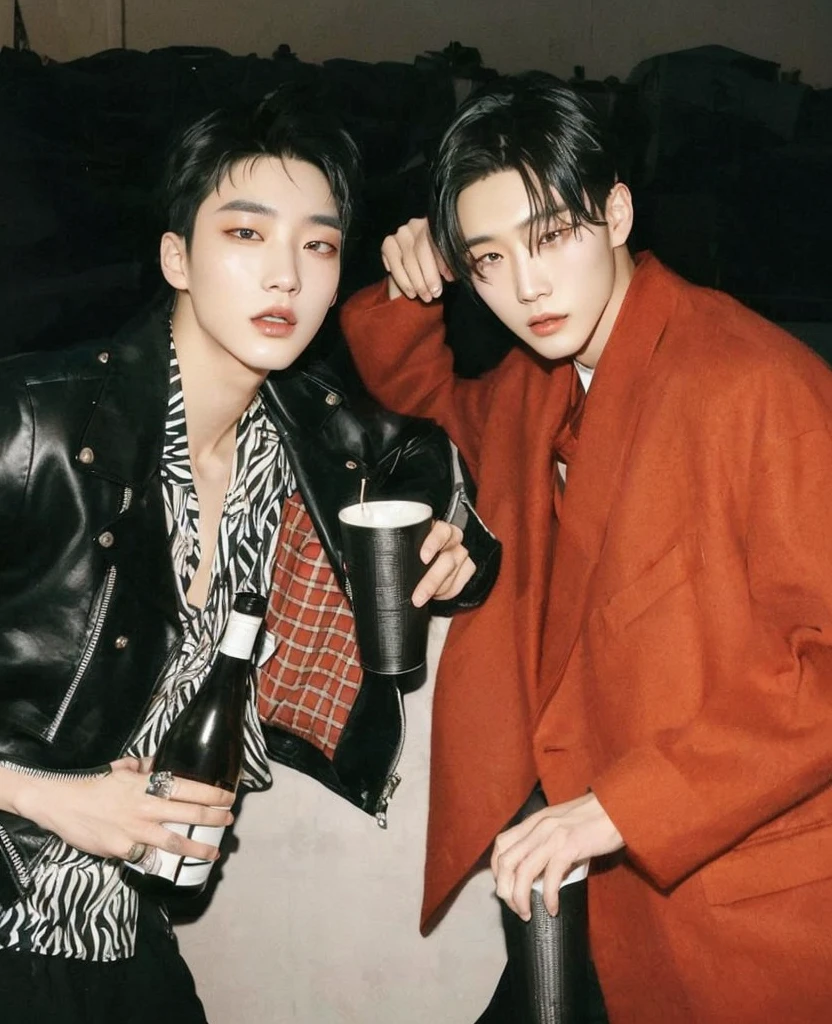two asian men are posing for a picture with a drink, two brothers, two androgynous people, beautiful androgynous princes, inspirado em Jeon Jungkook, jovens, alessio albi and shin jeongho, hsiao-ron, gunwoo kim and j.dickenson, nixeu and sakimichan, sfw, jinyoung shin, & jeehyung lee & wlop, taejune kim, cai xukun, daoshi