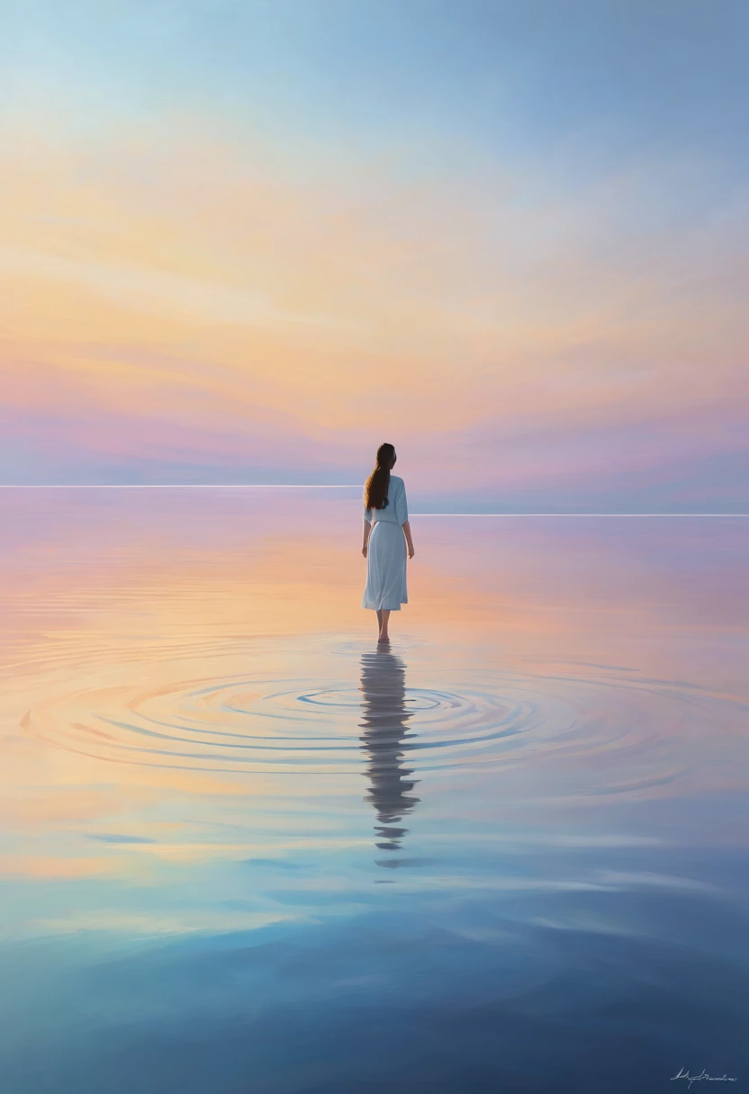 floating, serene water, gentle ripples, clear reflection, peaceful atmosphere, soft sunlight, tranquility, weightless, calm, dreamlike, ethereal, surreal, minimalistic, abstract, vibrant colors, subtle gradients, smooth blending, delicate details, masterful brushstrokes, impressionistic, serene landscapes, poetic, harmonious composition, serene figure, contemplative, boundless horizon, limitless possibilities, transcendent, infinite .