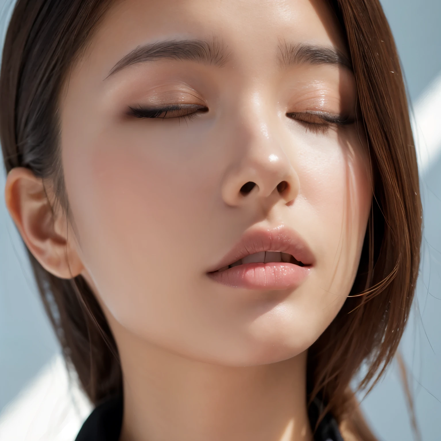 raw photo of beautiful female, looking at camera, centered portrait upper body, Asian beauty, slim perfect face, natural look, playmate, wavy hair, wet hair tied in a bun, supermodel, wet skin, moist skin, blushing cheek, very very small bust, closing eyes, feeling ecstasy, nude skin, in photo studio