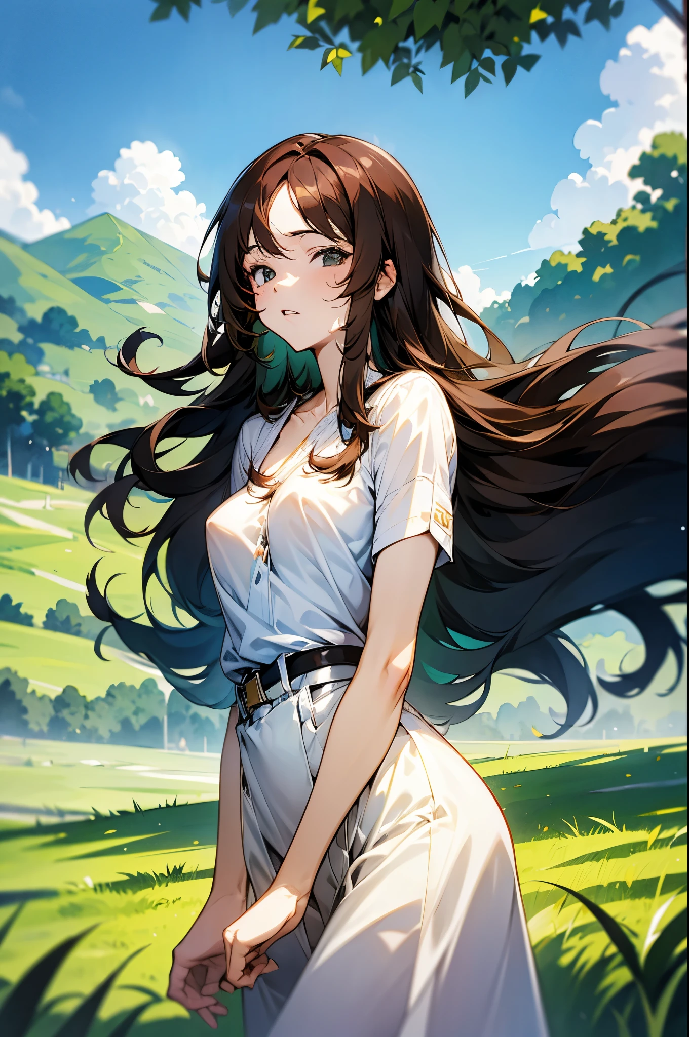 Straw hat, Brown-haired girl, White clothes, Lush green scenery, The wind blows through, Strong sunlight, Clear contrast, masterpiece, highest quality, Highest quality