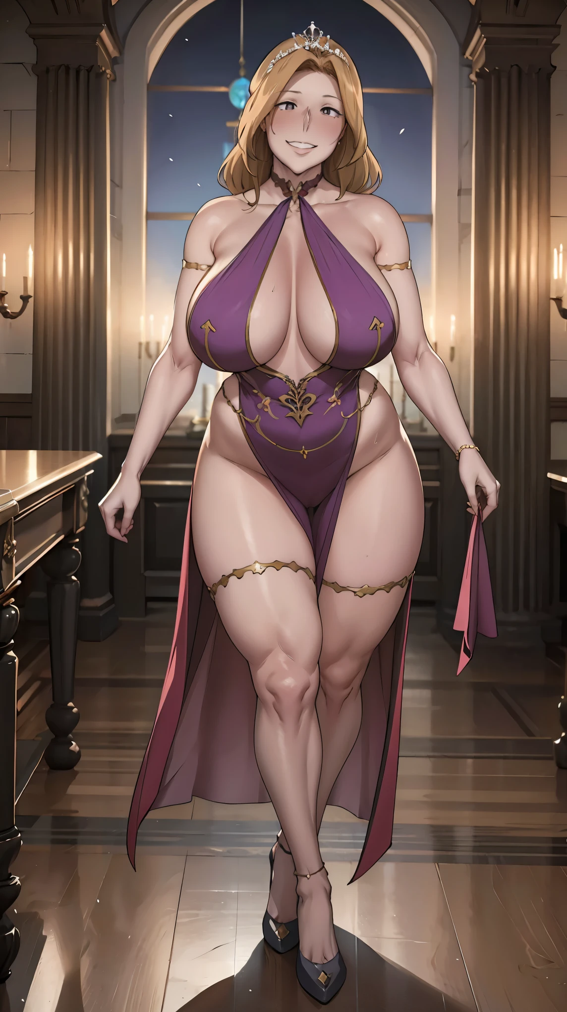 (I'm a human woman-queen whom is the sole sovereign ruler of my kingdom of goblin-folks), queenly green dress with extremely generous cutout, brunnette-chestnut middle-long hair, queenly tiara, sexy sweaty glistening armpits:1.2, stilletto queenly high-heels, ((midnight)), (at isekai-fantasy castle hall at midnight), feisty woman, anime cels style, best quality, high resolution, 1girl, inspired by ntrman's work: queen who adopted a goblin, sweating, (bountiful generous breasts), swaying breasts:1.1, fleshy build, big thick arms, beautiful face, middle-long luscious brunnette-beige hair:1.1, half-lidded eyes, light-colored pupils, motherly soft smile, sweet motherly smile, [motherly face], Beautiful long legs, Beautiful body, extremely fertile motherly's body-shape, Beautiful Nose, Beautiful character design, bangs, purple eyes, (bushy pubic hair), Giving order from the throne hall - standing - legs apart - arms forward to command charge!:1.35), (my arm is swaying hair enticingly:1.1, (looking at viewer), cowboy shot, front-view full body photo:1.1, BREAK, (with group of goblins), -auto