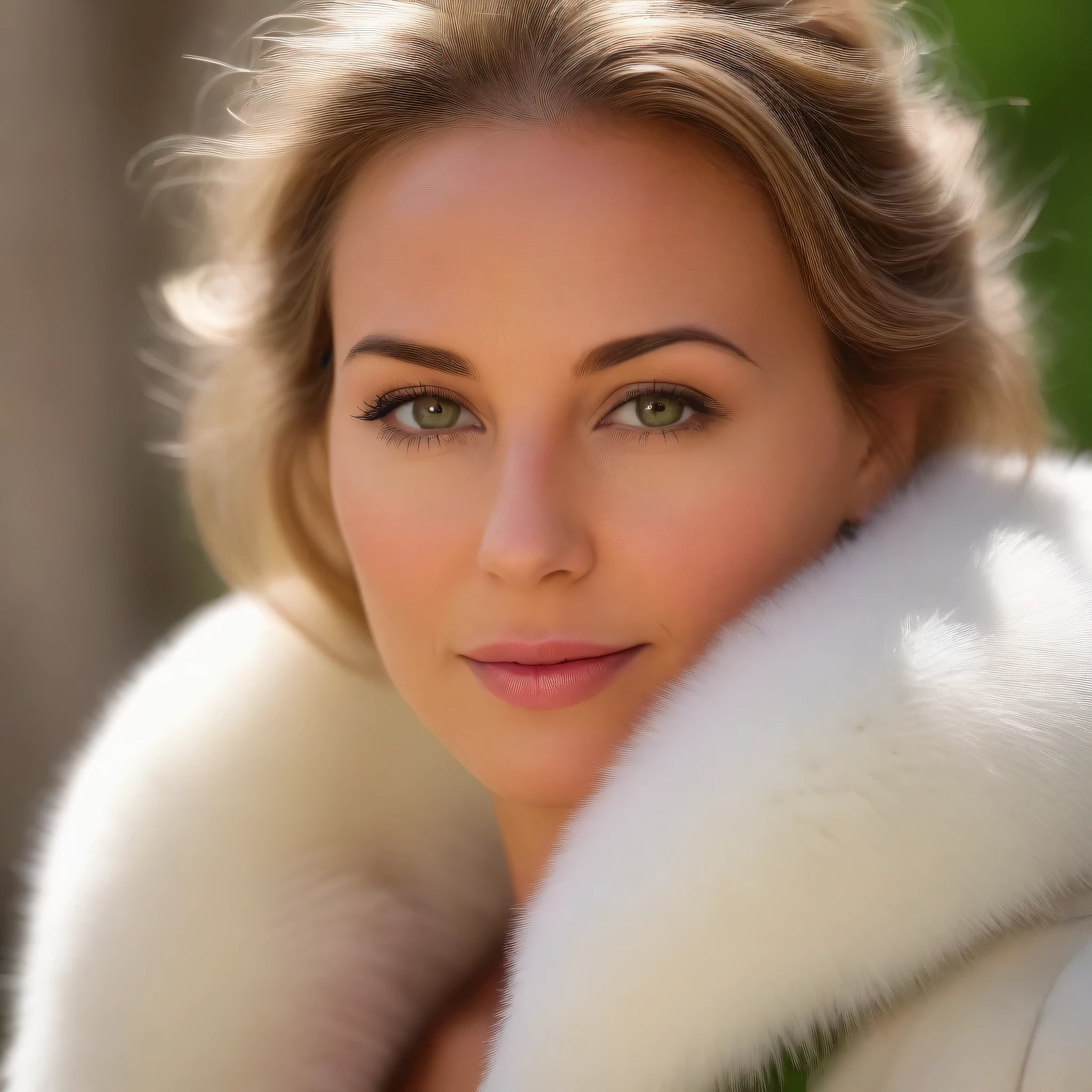 A very wide and very thick, manteau de fourrure extra long, en vison blanc, fifty centimeters thick, duveteux, naturel, with an ultra thick white mink fur collar, three layers, fully nude profile view, elle pose les mains sur les seins, bare shoulders, and two large breast discovered by the fur, at sunny chef-d'artwork:1.2), Ultra-detailed, (Realistic, photo-Realistic:1.37), Portrait, MILF 35 ans, joufflu, "Ingrid Mueller", , natural lighting, ombres douces, palette de couleurs vertes, relaxed expression, cheveux blonds courts et lisses , frange,, doux sourire, atmosphère paisible, feuilles de printemps, corps naturel, pose naturelle, , humeur sereine, fond harmonieux, High resolution, Detailed eyes, joues roses, happy photoRealistic, , best quality, 4k, 8K, haute résolution vue du corps trois quart