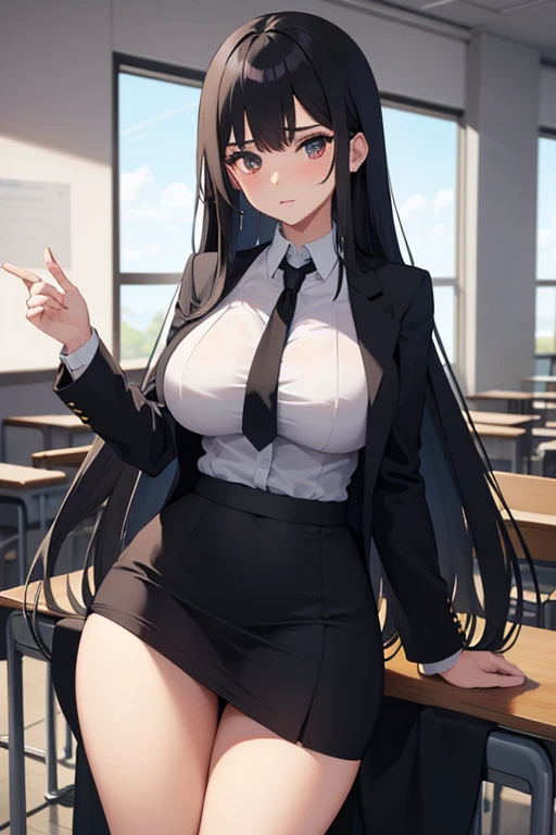 School class scenario, an Italian girl with very long black hair, gigantic breasts, thin, girl, the girl is wearing a blouse and a miniskirt with lapels