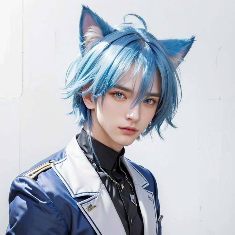 Handsome man with blue hair and a cat ears, tall guy with blue eyes, with cat ears and tail, realistic