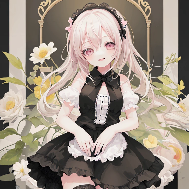 mejor calidad, Obra maestra, high resolution, chica, Flower Vocaloid, Pastel, chica riendo, cabello blanco con mechon negro