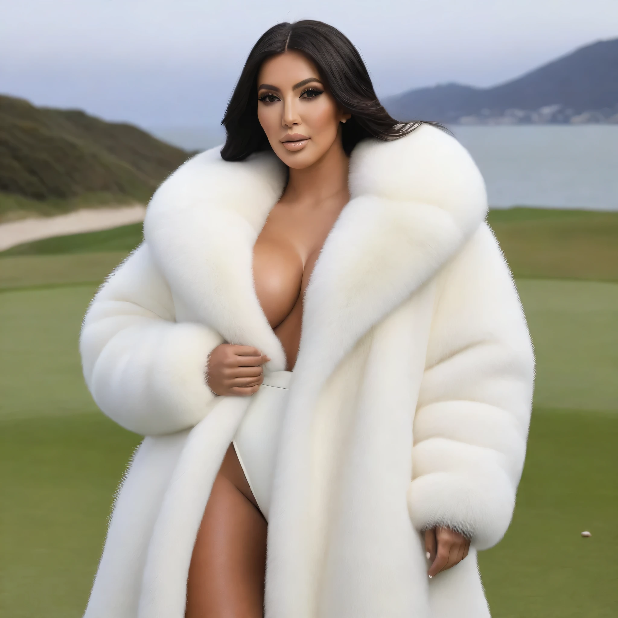 A very wide and very thick, manteau de fourrure extra long, en vison blanc, fifty centimeters thick, duveteux, naturel, with an ultra thick white mink fur collar, three layers, sur Kim Kardashian, fully nude profile view, elle pose les mains sur les seins, bare shoulders, and two large breast discovered by the fur, at sunny Pebble Beach golf