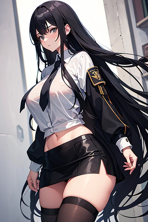 School class scenario, an Italian girl with very long black hair, gigantic breasts, thin, girl, the girl is wearing a blouse and a miniskirt with lapels