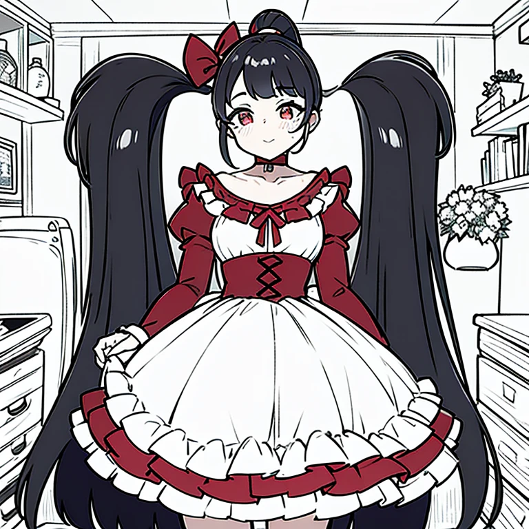 Cabello negro ondulado, mirada penetrante con ojos profundos de color rojo, estatura promedio, Silky hair with a ponytail hairstyle collected with a red bow with two white lines, tiene pechos, copa de pechos a, small breasts, delgada, primer plano, Session, standing in the middle of his room [[[[sonriendo malvadamente]]]] ,Criada sexy