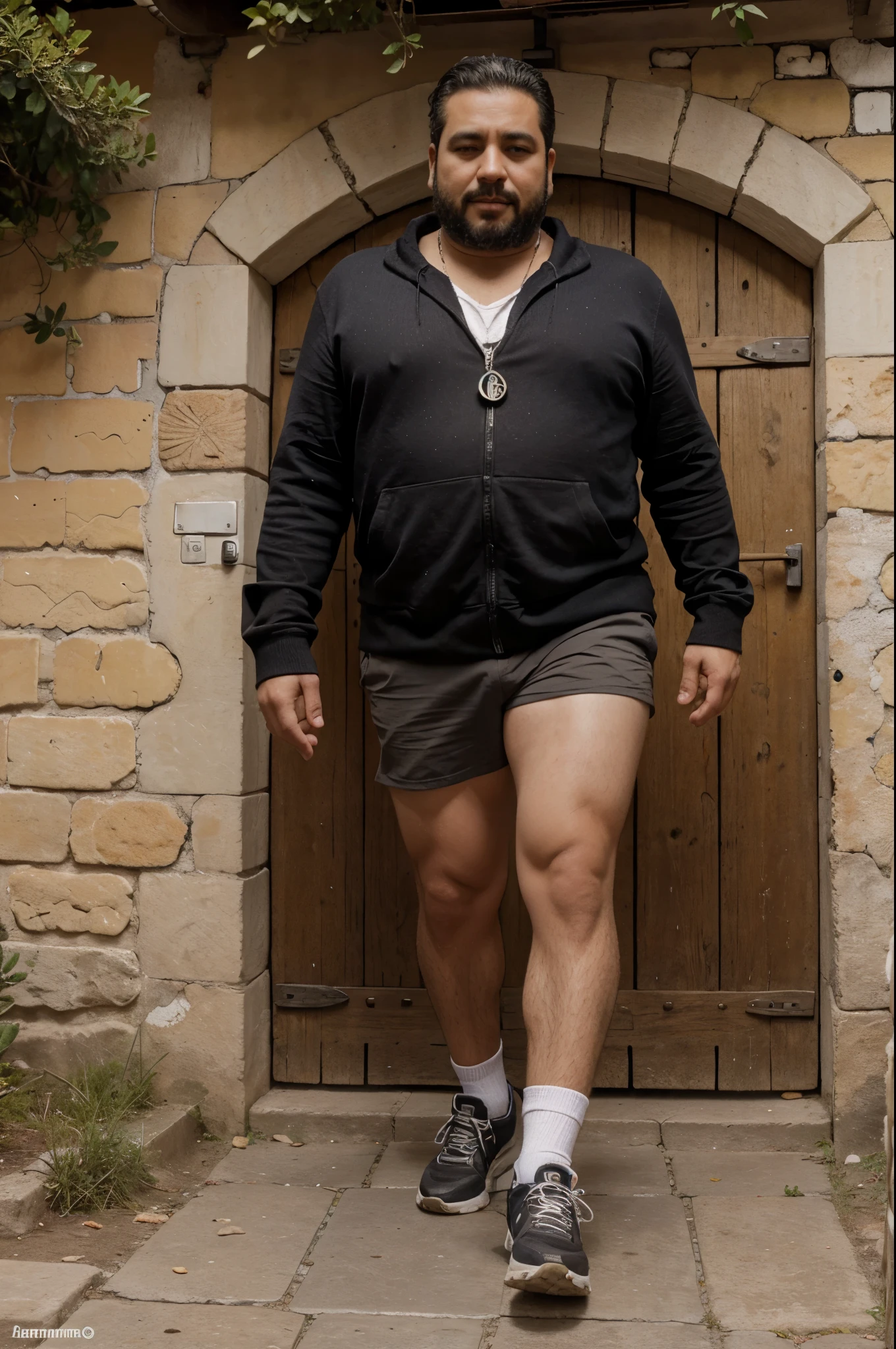 Hombre gordo tirando de cadenas al caminar