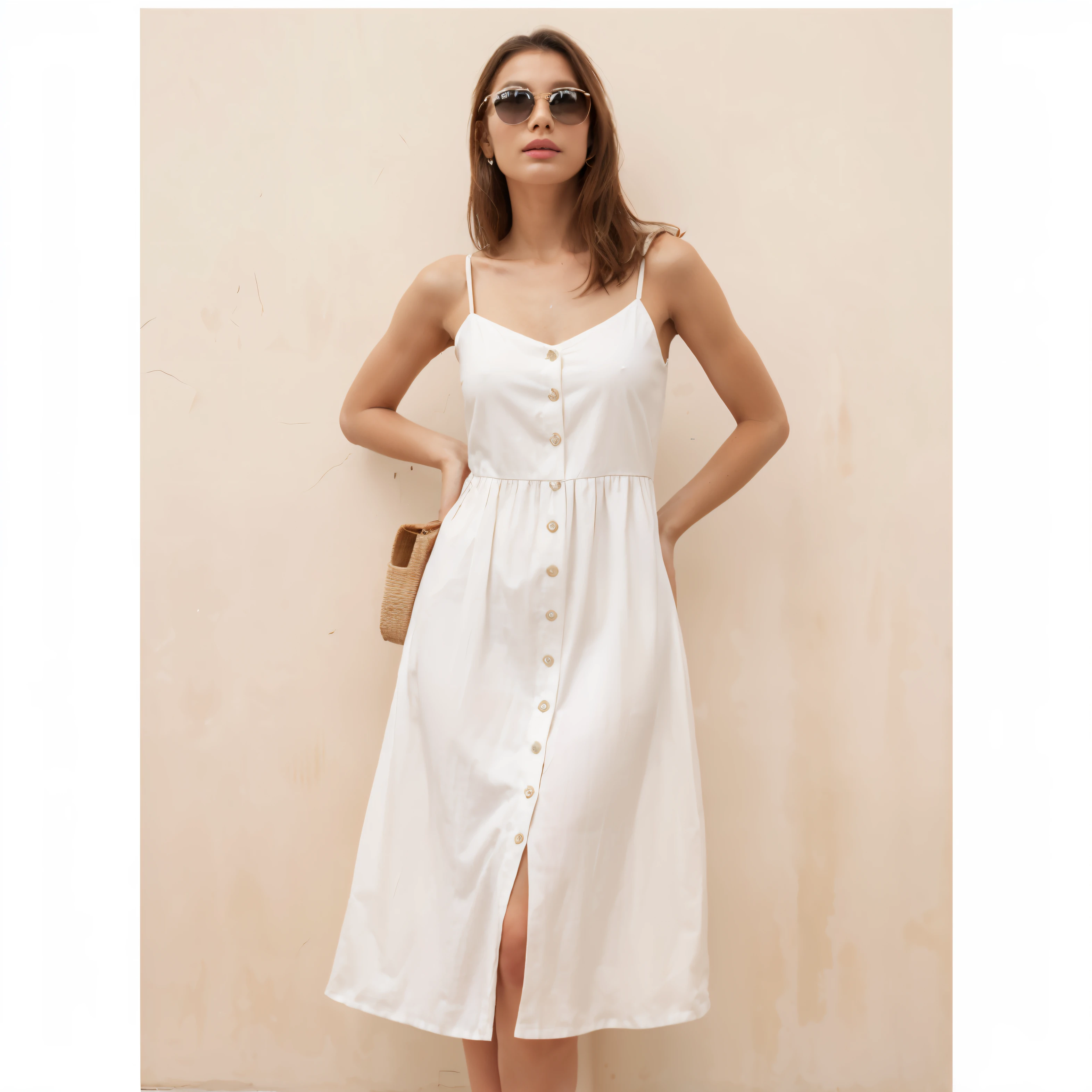 a woman in a vestido branco and sunglasses standing in front of a wall, white vestido de sol, white summer dress, wearing a white vestido de sol, summer dress, long vestido branco, vestido de sol, 4 8 0 p, 480p, full body vestido branco, cute vestido de sol, vestido branco, casual white garment, elegant vestido branco, roupas brancas da moda