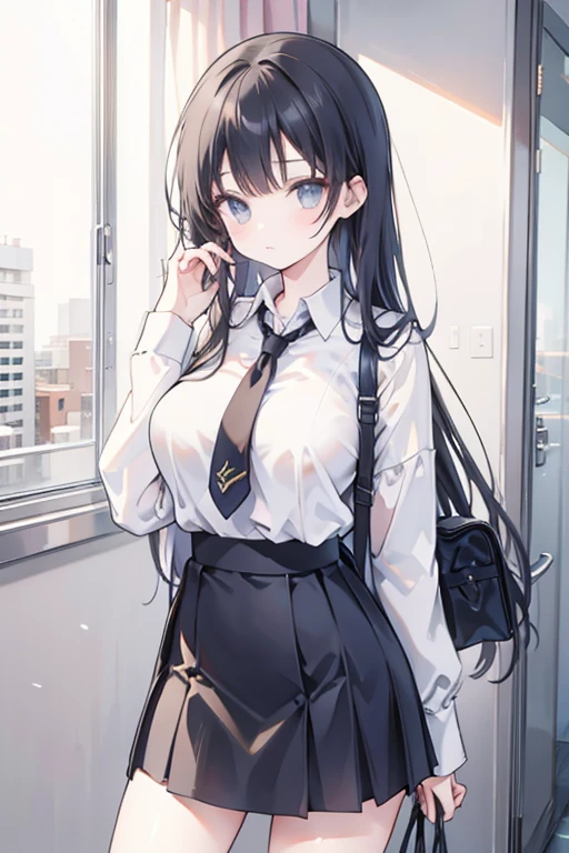 School class scenario, an Italian girl with very long black hair, gigantic breasts, thin, girl, the girl is wearing a blouse and a miniskirt with lapels