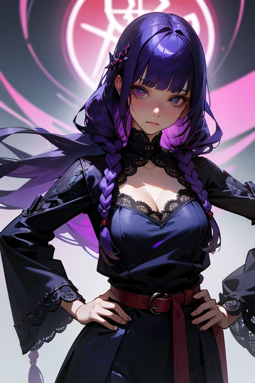 1 girl, Blunt bangs, Braiding, Wide sleeves, hair ornaments, Navy Blue Lace、Red Belt, (Purple Hair:1.2), Very long hair, Straight hair, Looking at the audience, Highly detailed background, (Realistic:1.2), Beautiful Eyes, Red eyeshadow, Written boundary depth，thigh, (Ulzzang-6500:0.7), Upper Body, (alone:1.2), (Cyberpunk City:1.1), Cleavage, Hands on hips、Shiny skin、Hair blowing in the wind、flower、Sad expression、Sharp eyes、Eye Cleansing Night、Close-up of face、