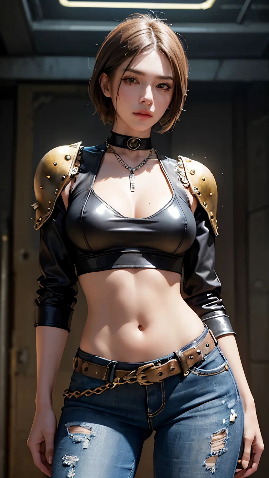 bust-up image, best quality, super fine, 16k, incredibly absurdres, extremely detailed, golden ratio, beautiful woman, beautiful realistic round face, seductive expression, beautiful light brown messy short hair, beautiful hairstyle, beautiful realistic eyes, beautiful realistic skin, wearing silver plated chain mail, short distressed short jeans pants, (background steampunk, dieselpunk, clockpunk, cyberpunk, gear:1.2)