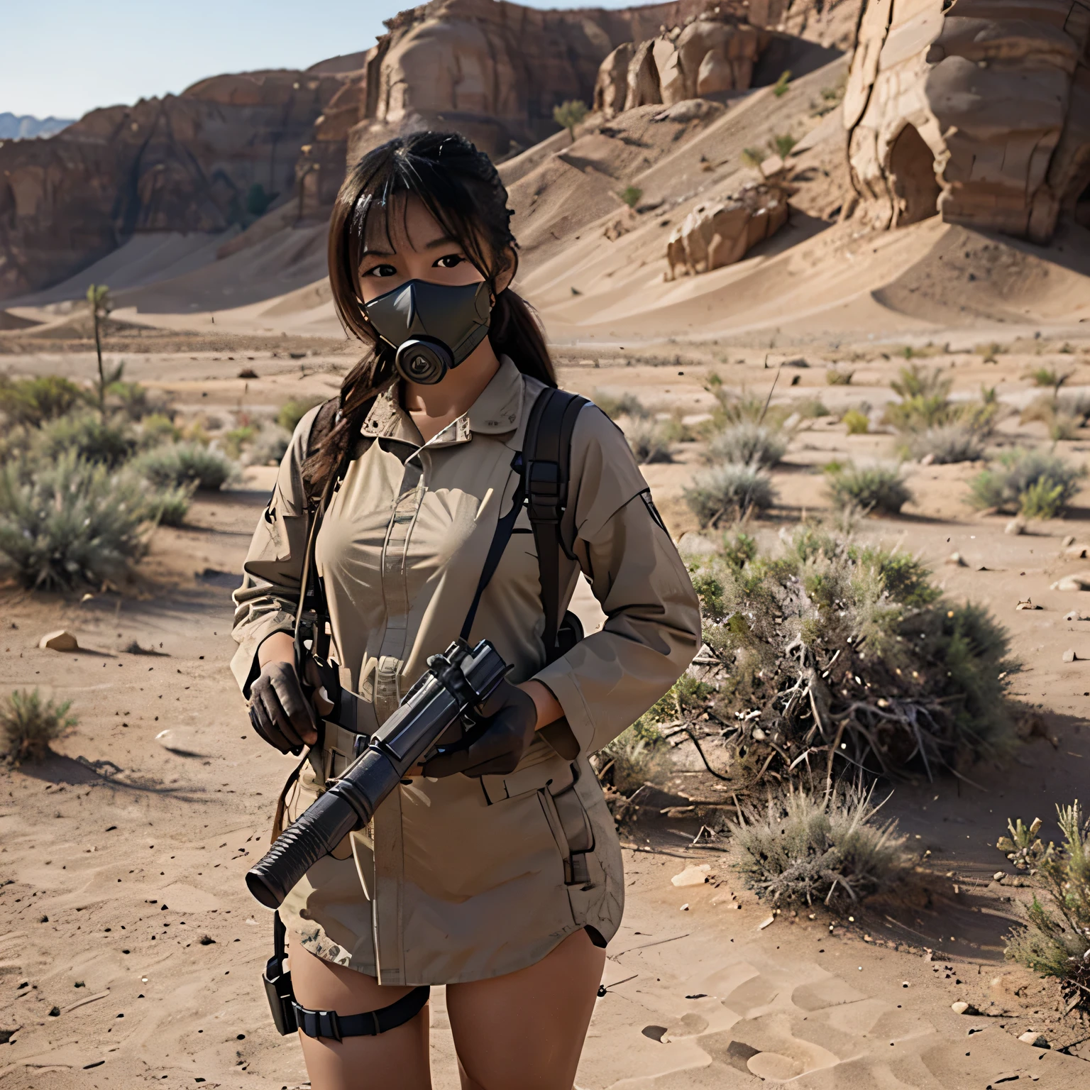 an asian girl in the desert with a gas mask and a gun