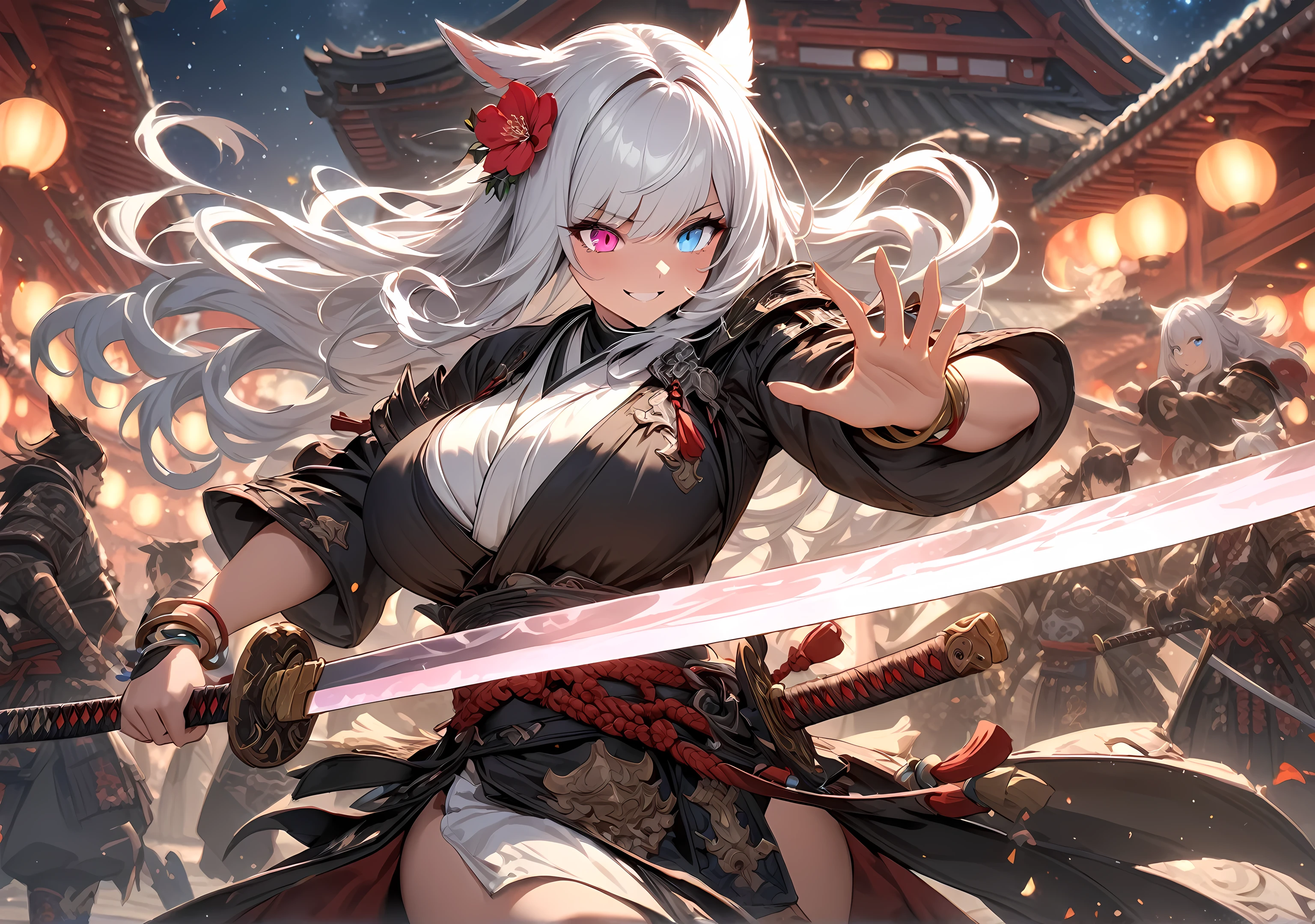 (masterpiece), best quality, expressive eyes, perfect face,1girl,final fantasy xiv,miqo'te,(heterochormia, left pink eye, right light blue eye:1.2),hair flower,(samurai clothes:1.2),bangle,big breasts,heel sandals,(white hair),long wavy hair,[[japanese temple,full moon,starry sky]],cowboy shot,standing,fighting stance,weapon,katana,action pose,confident smile