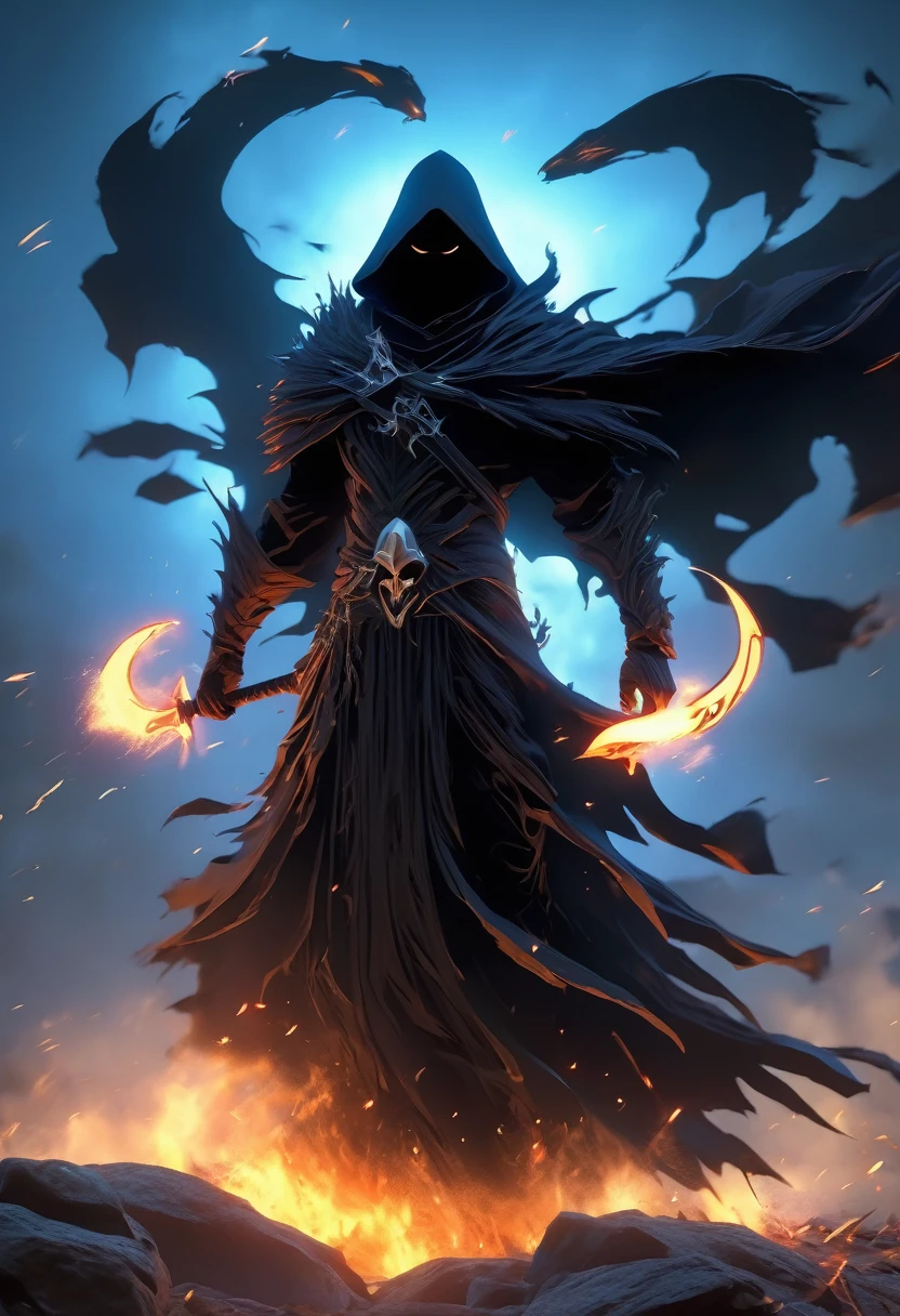Wraith in a black torn cape, holding a death scythe, formless, floating in the air, battlefield, summon, soul fire, dark fantasy, masterpiece, smooth rendering, Unreal Engine 5 rendering,