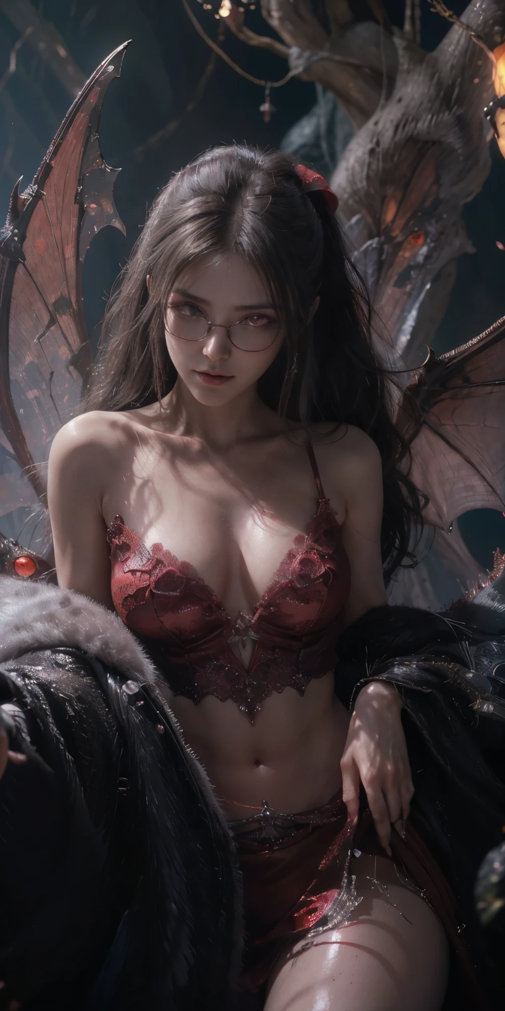 Fine、(The best illustrations)、8k UHD resolution、intricate-detail、top-quality、realisitic、ultra-detailliert、The best lighting、Best Shadows、Soft lighting、Ulutra HD、Dungeon and Dragon、caves、Dungeon、 A Necromancer、natta、Dark style、Succubus、Devil's Daughter、Bat Wings，(((Demon Hornlack-rimmed round glasses))))、(((Colossal tits)))、(Devil's Tail)、(red eyes glowing:1.6)、​masterpiece、beautiful countenance、Tindall Effect、photos realistic、(High Detail Skins:1.2)、8KUHD、Digital SLR、hightquality、a picture、hight resolution、 absurderes、Ponytail distortion、best ratio four finger and one thumb、***1人、hair adornments、Red sparkling gemstone necklace、jewely、Beautiful expression、Body Up、Large breasts emphasis、Toned waist、Wide buttocks、Tindall Effect、Photorealsitic、(High Detail Skins:1.2)、pink nipple, pink pussy