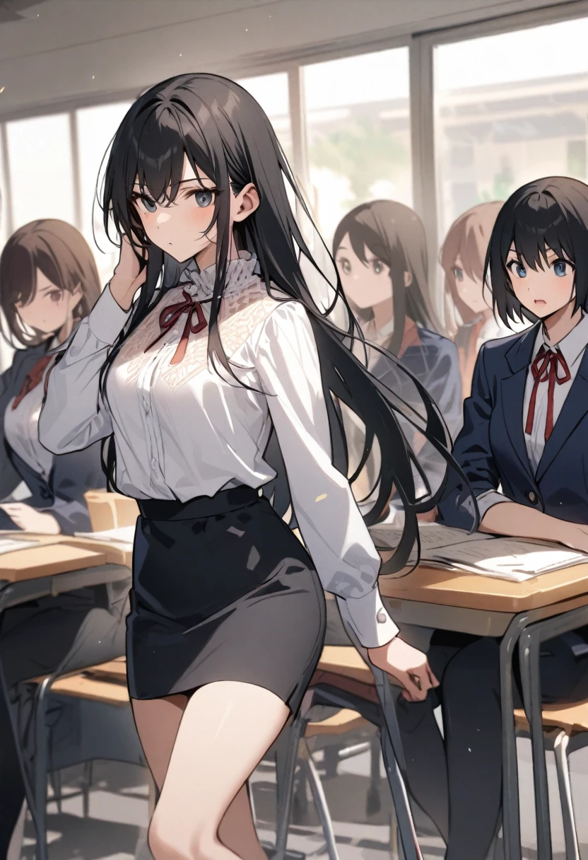 School class scenario, an Italian girl with very long black hair, thin, girl, the girl is wearing a blouse and a miniskirt with lapels