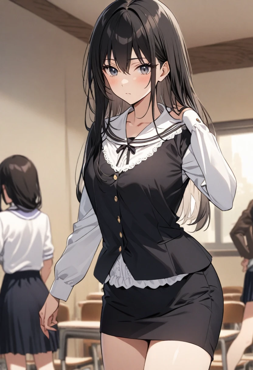 School class scenario, an Italian girl with very long black hair, thin, girl, the girl is wearing a blouse and a miniskirt with lapels