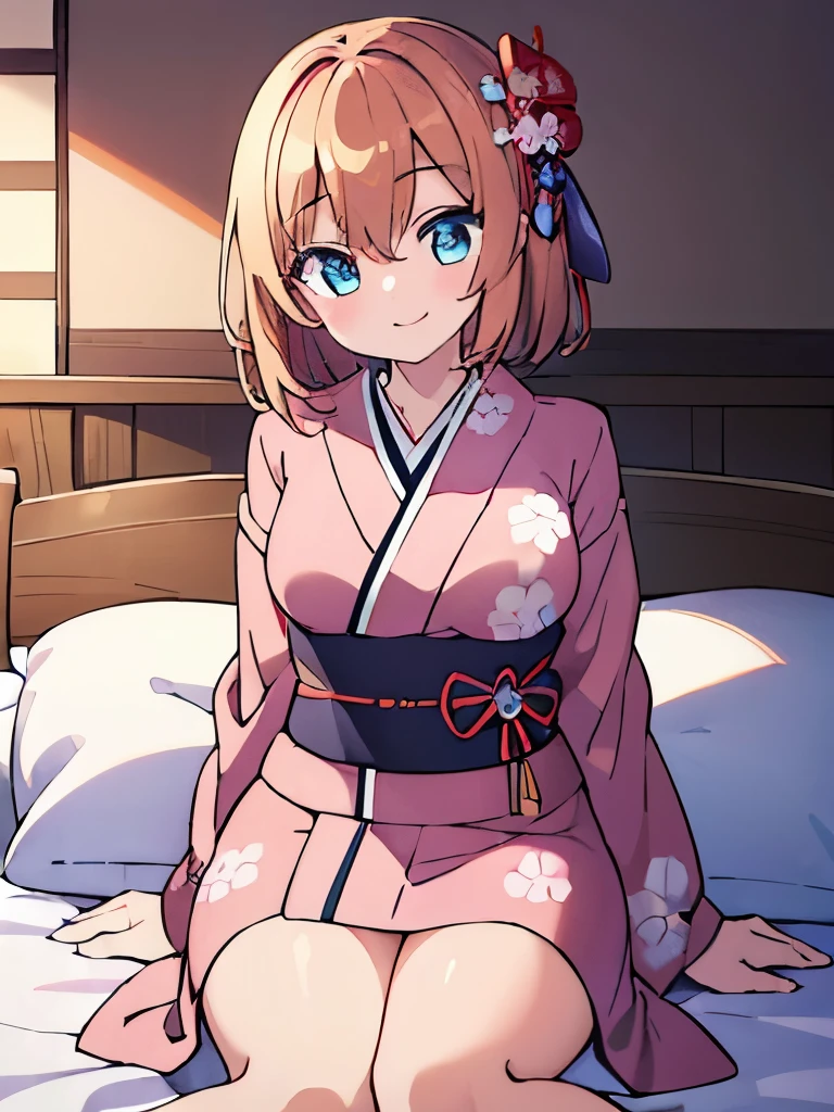 ((masterpiece)), ((best quality)), (ultra-detailed), anime style, on the bed, a cute girl, 1girl, solo, kimono, japanese cloth, ((beautiful eyes)), smile,