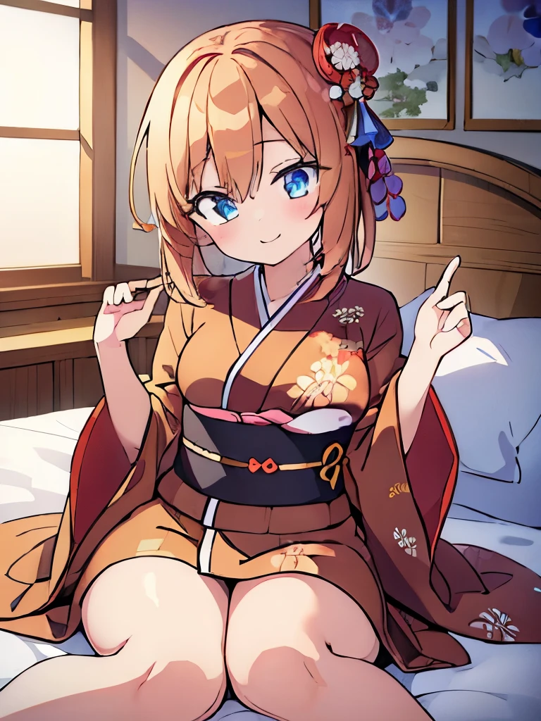 ((masterpiece)), ((best quality)), (ultra-detailed), anime style, on the bed, a cute girl, 1girl, solo, kimono, japanese cloth, ((beautiful eyes)), smile,