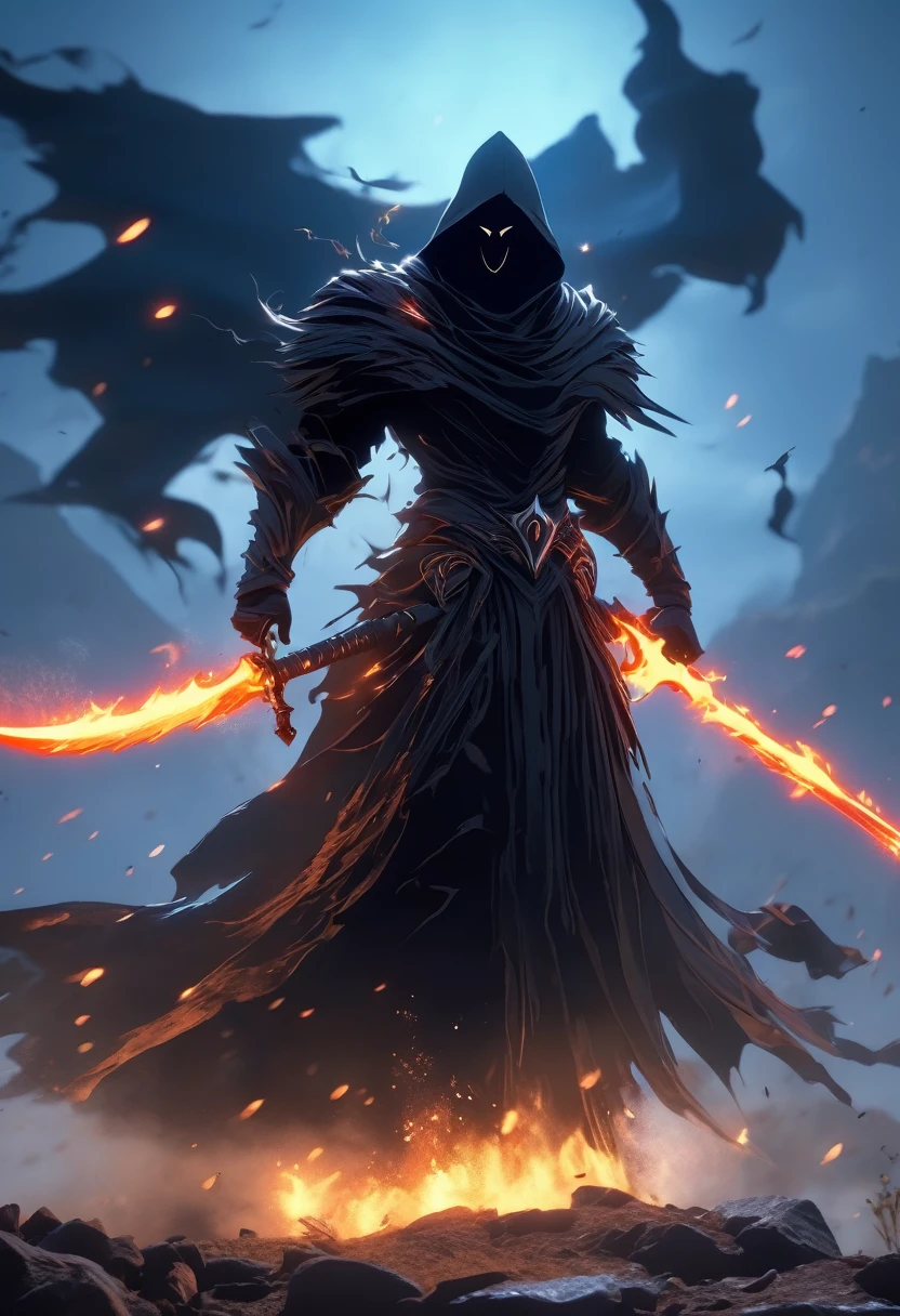 Wraith in a black torn cape, holding a death scythe, formless, floating in the air, battlefield, summon, soul fire, dark fantasy, masterpiece, smooth rendering, Unreal Engine 5 rendering,