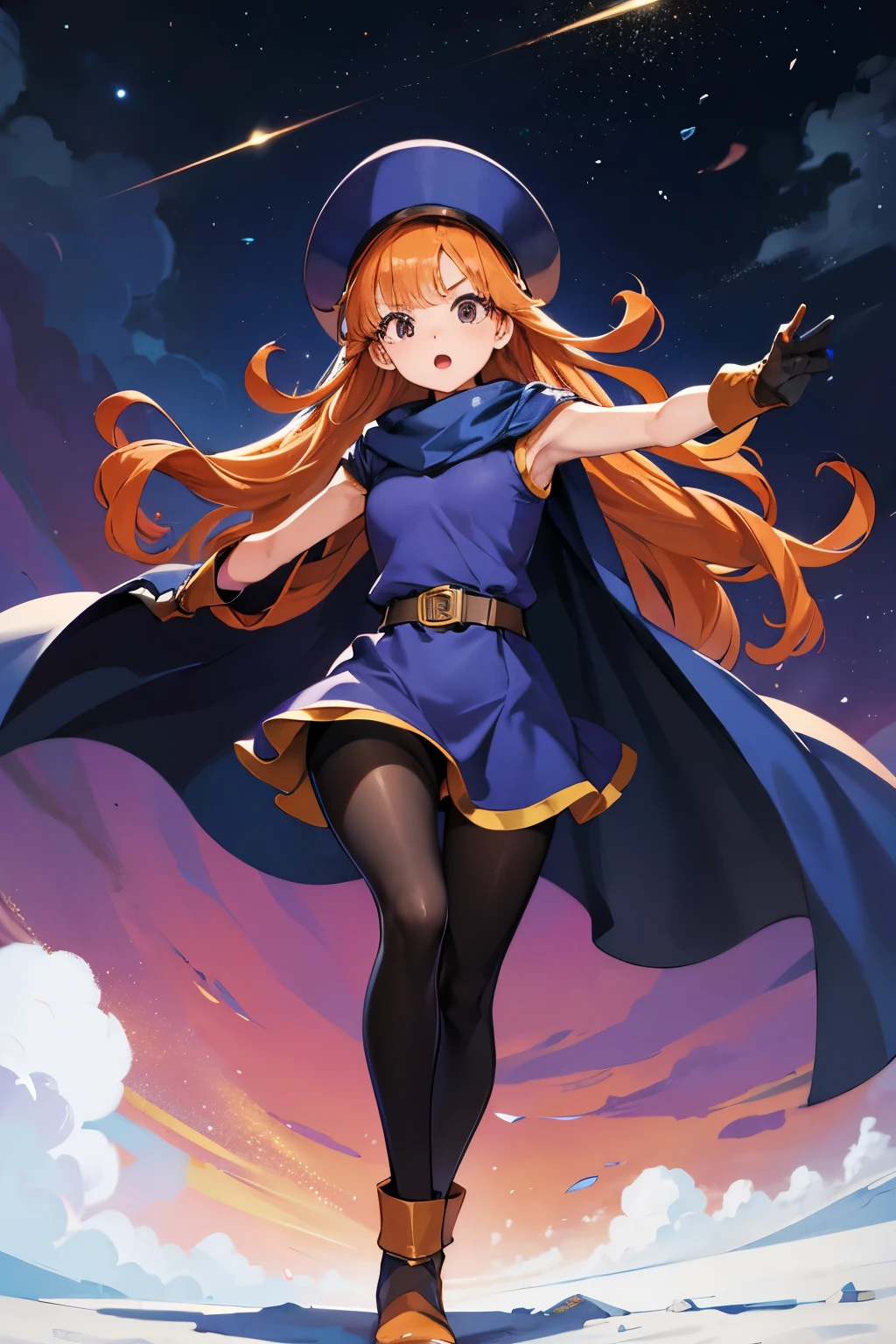 1 girl、High resolution、masterpiece、(alena-dq4、DQ4-ALENA、Orange straight hair)、Short stature、Thin thighs、Thin legs、Small shoulders、slender、Muscular、(bedroom)、(hat、dress、Cape、belt、Gloves、Black tights)、Night Grassland、attacking with a kick、Attacking with the legs、High Kick、Crouch and kick