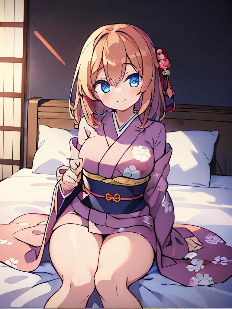 ((masterpiece)), ((best quality)), (ultra-detailed), anime style, on the bed, a cute girl, 1girl, solo, kimono, japanese cloth, ((beautiful eyes)), smile,