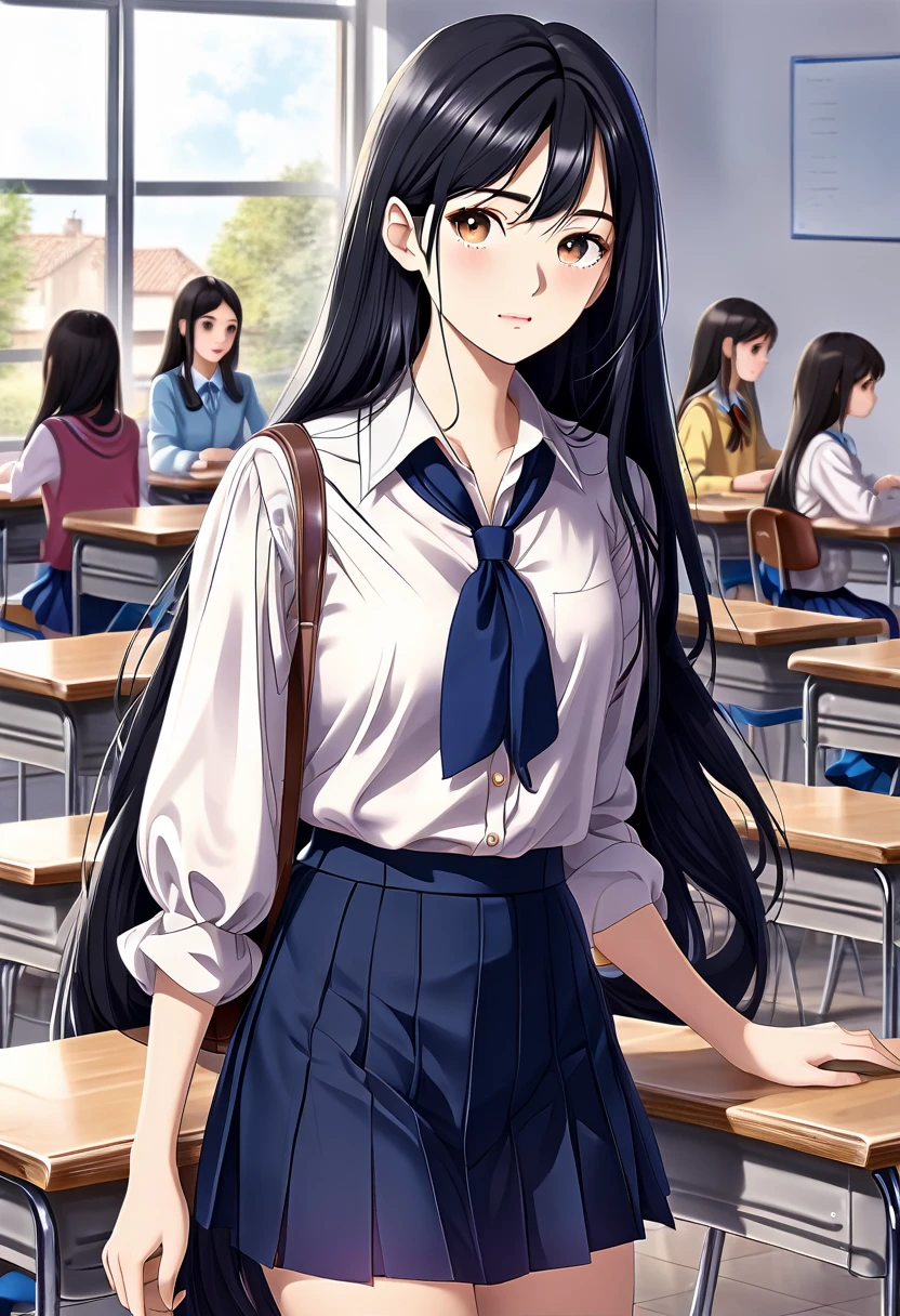 School class scenario, an Italian girl with very long black hair, thin, girl, the girl is wearing a blouse and a miniskirt with lapels