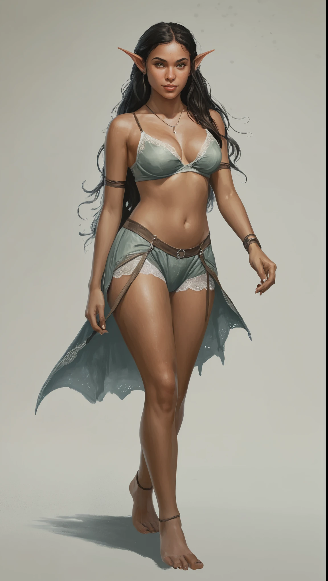 An illustrated movie poster, hand-drawn, full color, a age elven girl, wearing a lace bralette and bloomer shorts, sun-tanned complexion, freckles, Amazonian body, very tall, athletic, hourglass figure, curvy, bottom-heavy, generous hips, massive bubble-butt, long legs, ridiculously thick powerful thighs, light hazel eyes, long pointy elf ears, dark hair, long loose waves, posing with butt facing toward camera, early morning fog, wet glistening skin, hard shadows, graphite shading, stencil marks, airbrushed acrylic paint, masterpiece, in the style of Skyrim