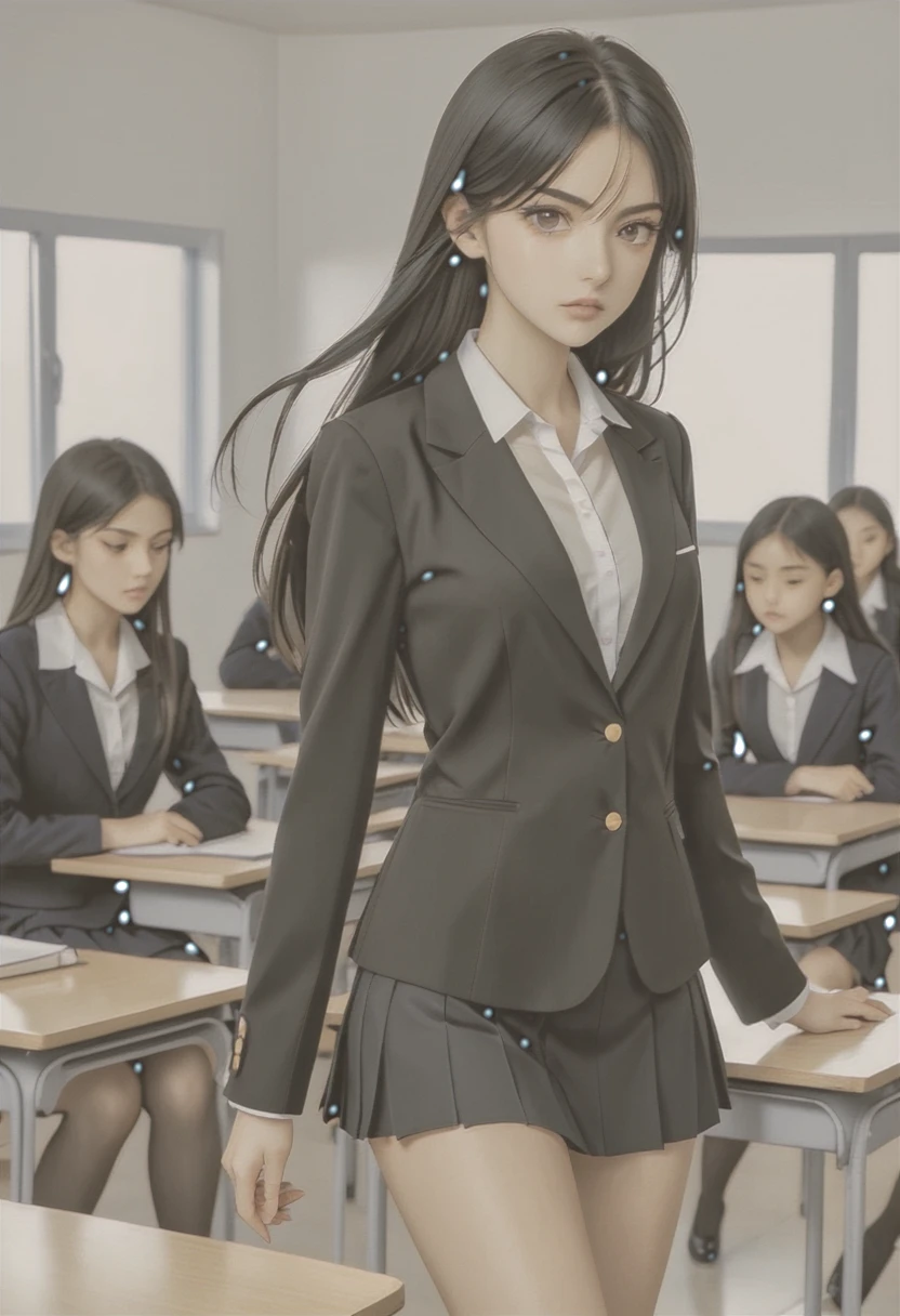 School class scenario, an Italian girl with very long black hair, thin, girl, the girl is wearing a blouse and a miniskirt with lapels
