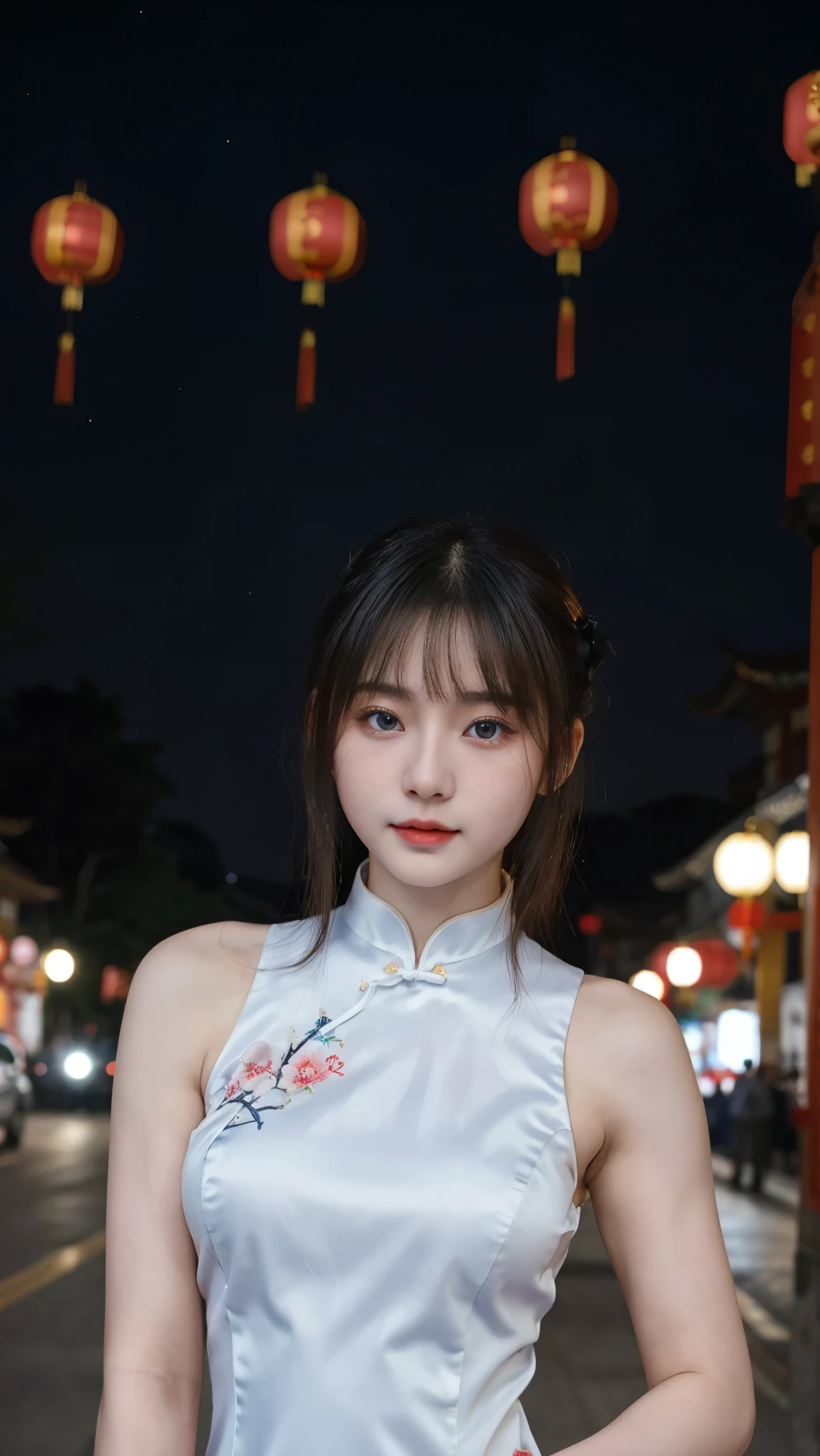 1 girl, fair, baby face, 20 years old, White skin, Bare breasts, Sexy pose, sleeveless, ((Chinese cheongsam dress)), ((Chinese Qipao Outfit)), Blue Eyes, muscle, Bokeh, Street Lunar New Year Background, masterpiece, ((night:1.1))