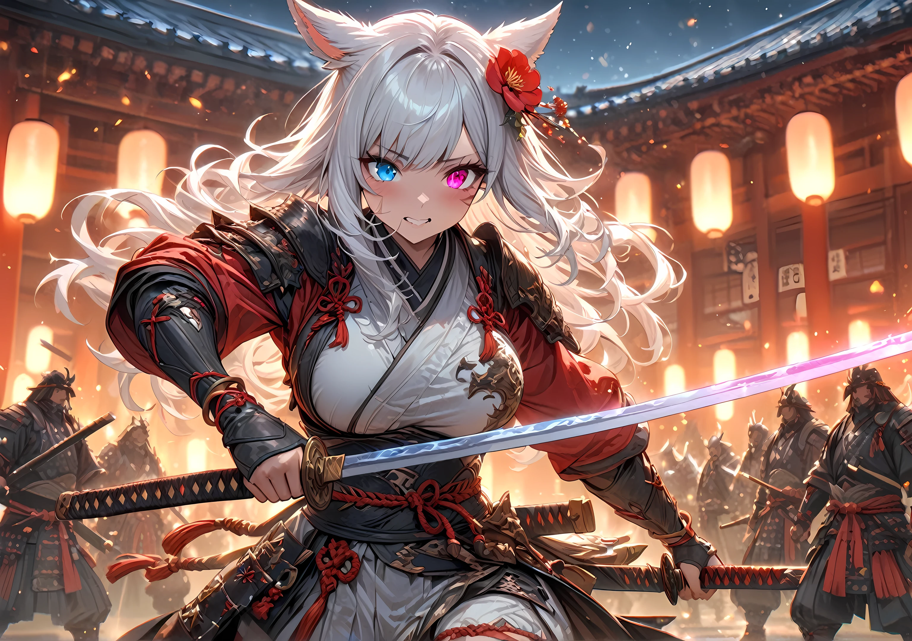 (masterpiece), best quality, expressive eyes, perfect face,1girl,final fantasy xiv,miqo'te,(heterochormia, left pink eye, right light blue eye:1.2),hair flower,(samurai clothes:1.2),bangle,big breasts,heel sandals,(white hair),long wavy hair,[[japanese temple,full moon,starry sky]],cowboy shot,standing,fighting stance,weapon,katana,action pose