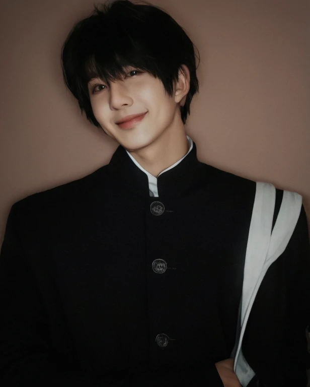 1man, short hair , black hair, black eyes, beautiful eyes, handsome, smile, black clothes, white coat, realistic clothes, detail clothes, grey wall background, ultra detail, realistic