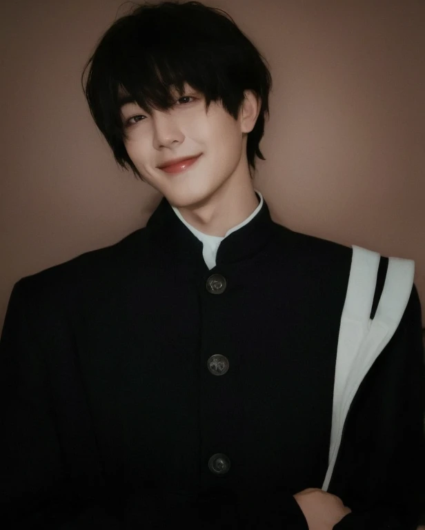 1man, short hair , black hair, black eyes, beautiful eyes, handsome, smile, black clothes, white coat, realistic clothes, detail clothes, grey wall background, ultra detail, realistic
